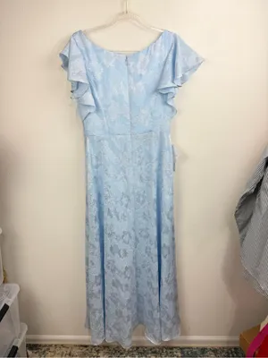 Azazie Slate Blue Floral Jacquard Maxi Flutter Sleeves High Slit Dress Size 10 thumbnail 6