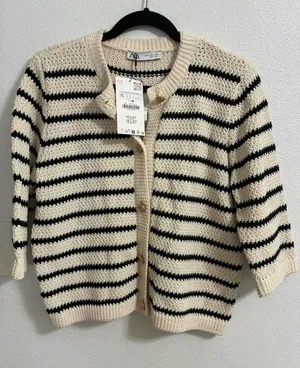 Zara Cream & Black Striped Crochet Cardigan NWT XL thumbnail 1