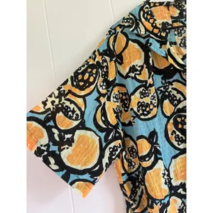 Zara Pomegranate Fruit Print Textured Button Down Shirt Blue Orange Womens M thumbnail 3