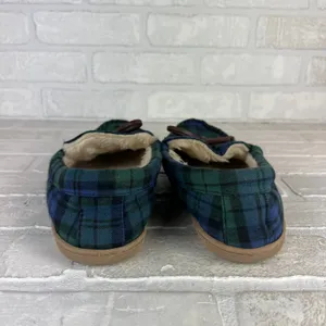 J Crew Slippers Womens 8 Green Blue Plaid Faux Shearling Fur Lining Moccasin thumbnail 4