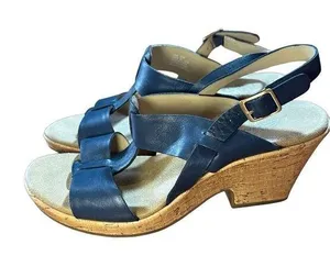 CLARKS Womens Size 10 Blue Cork Wedge Platform Leather Sandals Shoes Comfortable thumbnail 1