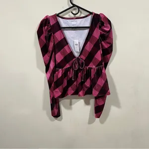 Nwt Anthropologie Maeve Velvet Babydoll Puff Sleeve Blouse Top Pink Plaid S thumbnail 3