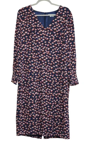 Boden Women's Size 12 Long Sleeve Midi Dress‎ Long Navy Pink Tulip Floral V-Neck thumbnail 1
