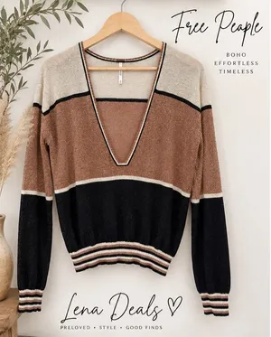 Free People Gold Dust Metallic Linen Blend Colorblock V-Neck Pullover Sweater M thumbnail 1