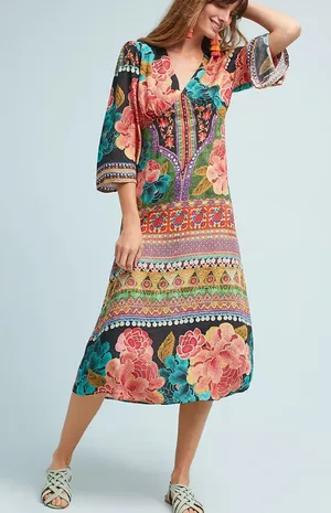 FARM Rio Rosario Black Floral Print Teal Patterned Midi Dress XS thumbnail 1