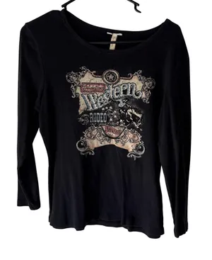 American Eagle Western Rodeo Shirt‎ M Black Long Sleeve Rhinestone Cowgirl Western Grunge thumbnail 1