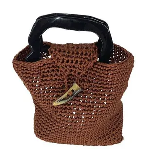 Womens Crochet Double Plastic Handle Tote‎ Handbag Brown 7”x 8.5”x 4” thumbnail 1