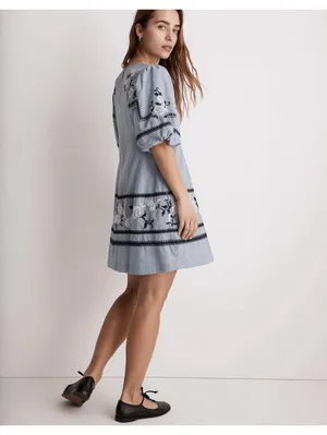 Madewell Embroidered Foldover V-Neck Mini Dress Terrace Blue Cotton Puff Sleeve thumbnail 2