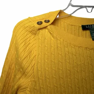 Lauren Ralph Lauren Petite P/P Yellow Cable Knit Cotton Sweater Gold Buttons thumbnail 9