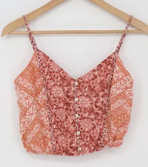 American Eagle Linen Top Womens XS Cami Cropped Floral Patchwork Pink Excellent thumbnail 1