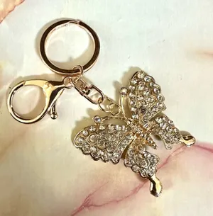 Gold tone butterfly rhinestone hang tag/keychain thumbnail 1
