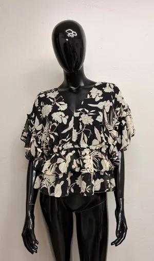 Marc New York Women's Black Floral V-Neck Ruffle Blouse thumbnail 1