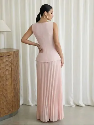 Blush Pink Sleeveless Peplum Pleated Maxi Dress and Matching Top NEW thumbnail 2