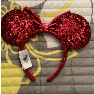 NWOT Disney Parks Red Sequined Ear with Shimmering Metallic Red Bow Headband thumbnail 2