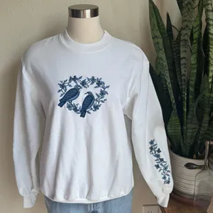 Vintage Embroidered Bird Floral White‎ Sweatshirt large thumbnail 7