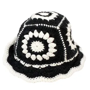 Black White Crotchet Flower Boho Grandma Bucket Hat One Size‎ thumbnail 2