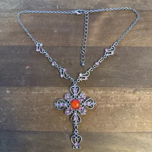 Silver tone Victorian gemstone cross necklace thumbnail 2