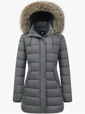 Women's Gray Quilted Long Puffer Coat with Faux-Fur Trim Hood thumbnail 5