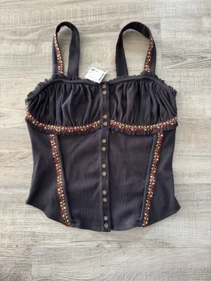 Free People Wilder Knit Top Size M NWT Boho Whimsigoth Black Embroidered Trim thumbnail 4