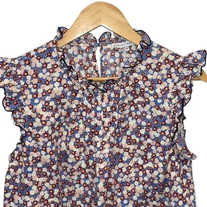 English Factory Womens Floral Ruffle Cap Sleeve Blouse Top Blue‎ Brown Sz Medium thumbnail 2