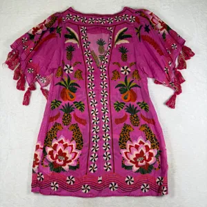 Farm Rio Pink Tropical Leopard Floral Tassel Tunic Top XS 307082 Metallic Lurex thumbnail 10