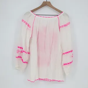 White Boho Embroidered Tassel Tie Neck Tunic Top Pink Birds thumbnail 5