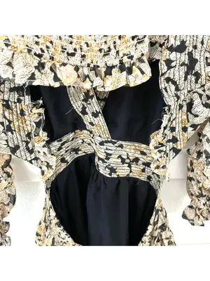 Anthropologie V-Neck Ruffle Cutout Mini Dress in Neutral Motif Size L thumbnail 6