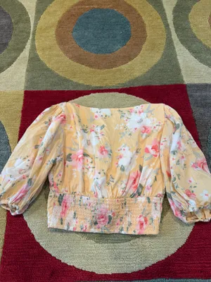 Abercrombie & Fitch Yellow Floral Tie Front Puff Sleeve Crop Top Size Small thumbnail 4
