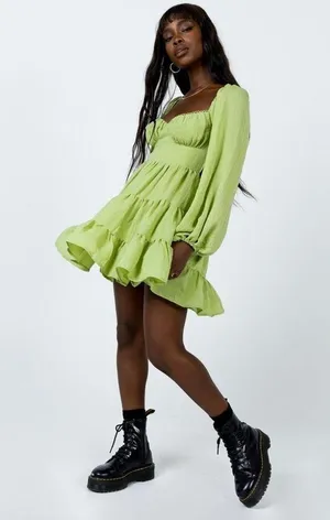 Princess Polly Green Danny Long Sleeve Open Back Tiered Fit & Flare Mini Dress 2 thumbnail 6