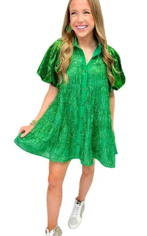 Queen of Sparkles Green Tinsel Sequin Sleeve Dress thumbnail 2