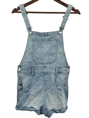 Old navy distressed medium wash denim blue jean shortalls overalls size XS thumbnail 1