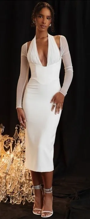 NWOT House of CB Yasmin White Plunge Midi Dress Long Sleeve sz S thumbnail 1
