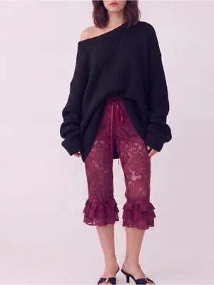 ROMWE Burgundy Grunge Fairy Sheer Lace Ruffled Bell Bottom Bloomer Pants cropped thumbnail 3