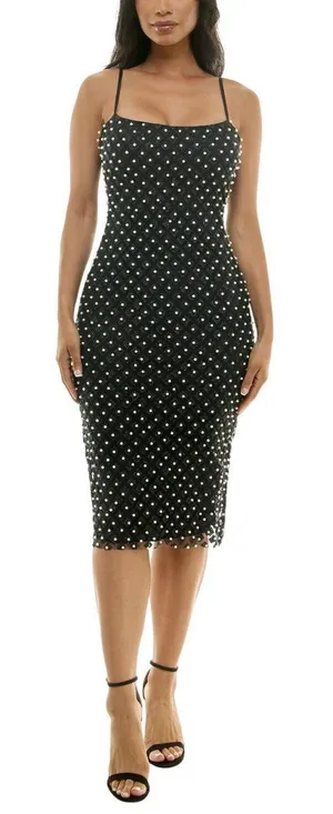 NWT B. Darlin Pearl-Embellished Bodycon Glitter Dress Black / White 13/14 thumbnail 1