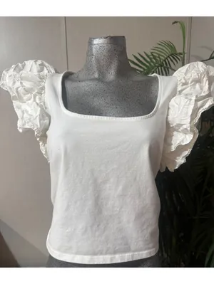 A New Day Women's Blouse, Size L, White, Square Neck, Layered Ruffle, Cropped thumbnail 2