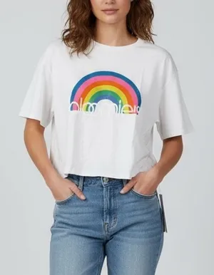 Bloomies‎ White Rainbow Graphic Crew Neck T Shirt Size M Made in USA thumbnail 1