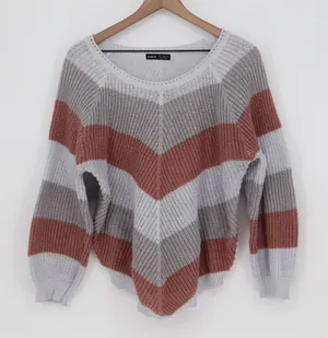 SHEIN Sweater Womens XL Chevron Striped Grey Terracotta Pointed Hem Excellent thumbnail 1