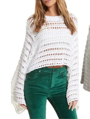 Free People Caught Up Crochet Bell Sleeve Crop‎ Sweater Boho Womens Size Small thumbnail 1