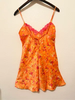 Victoria's Secret Vintage 2001 satin nightie, orange floral print, sz M thumbnail 8