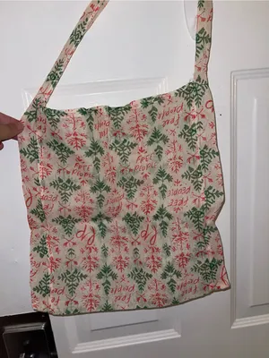 Christmas Free People Cream Canvas Tote with Red & Green Print thumbnail 1