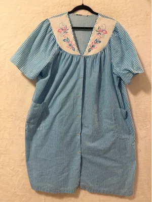 Vintage Blue White Striped Floral Embroidered Snap Front Duster House Dress XL thumbnail 1