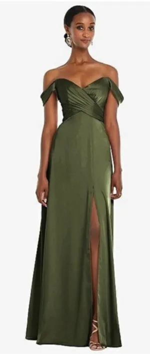 Dessy Collection • Formal Gown • Olive Green • 2R • Off Shoulder • Bridesmaid thumbnail 1