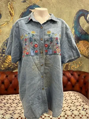 Bobbie Brooks Denim Button Down Shirt with Floral Embroidery Blue Size XL thumbnail 1