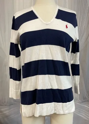Y2K Preppy Nautical Polo by Ralph Lauren Navy White Stripe V-Neck Quiet Luxury thumbnail 1