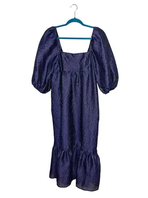 NWT Anthropologie Navy Blue Textured Puff Sleeve Dress thumbnail 3