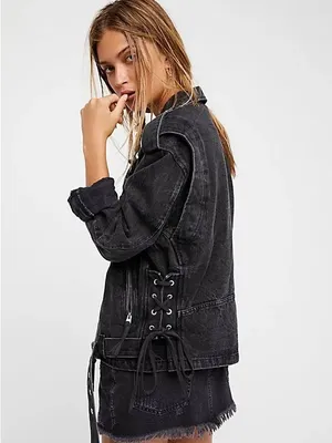 Free People Denim Oversized Rebel Motorcycle Jacket streetwear punk grunge M thumbnail 2
