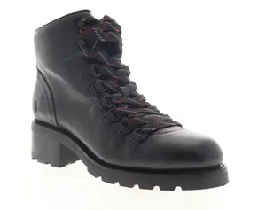 Frye Black Leather Lace-Up Hiker Boots with Red-Accented Laces thumbnail 1