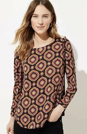Ann Taylor LOFT Medallion Ruffle Shoulder Bar Back Blouse Long Sleeve Top Large thumbnail 1
