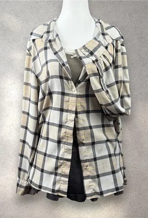 Calvin Klein Plaid Button-Up Blouse Women's M Beige Sheer Casual Fall Minimalist thumbnail 1