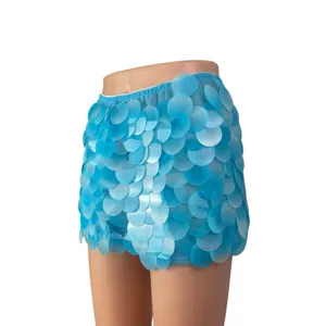 Women's Blue Sequin Shell Mermaid Sparkly High Rise Mini Casual Skirt Size L thumbnail 2